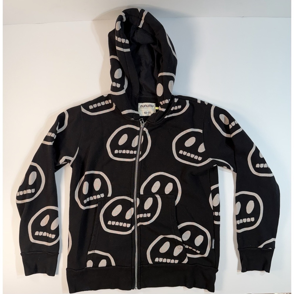 Nununu Skull Zip Hoodie Kids 10-11 Black Graphic Streetwear Goth Punk